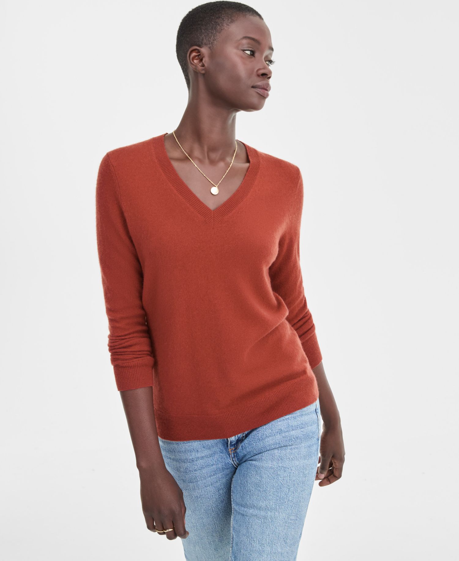 100% Cashmere Petite V-Neck Long-Sleeve Sweater