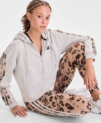 Adidas Originals Womens Animal Print 3 Stripe French Terry Zip Hoodie Leopard Print High Rise Leggings In Multi
