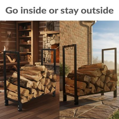 Outdoor Steel Firewood Log Rack Holder with Weather-Resistant Heavy-Duty Polyester Log Rack Cover - 30" - Black