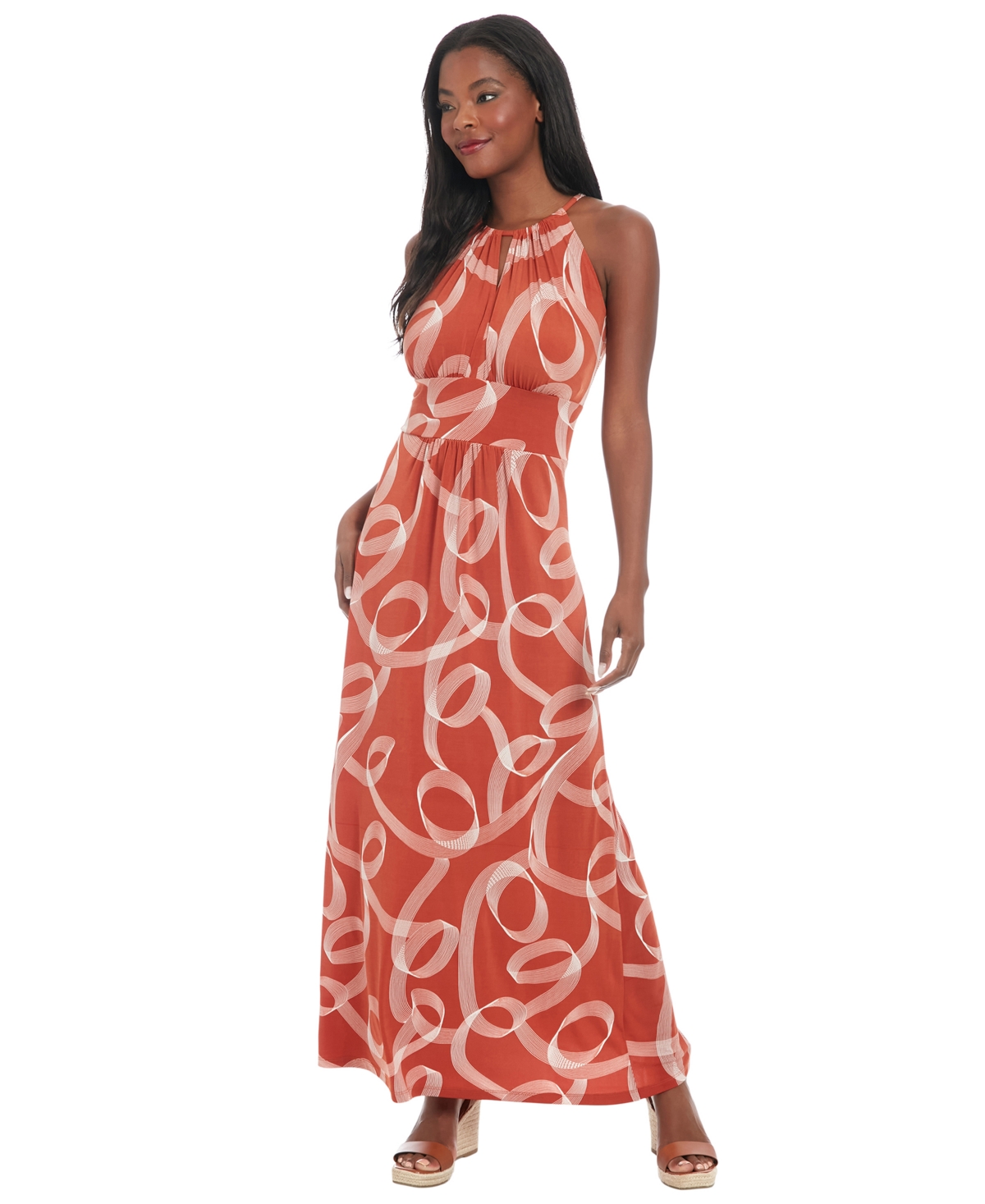 Women's Printed Jersey Halter-Neck Maxi Dress - Red/white