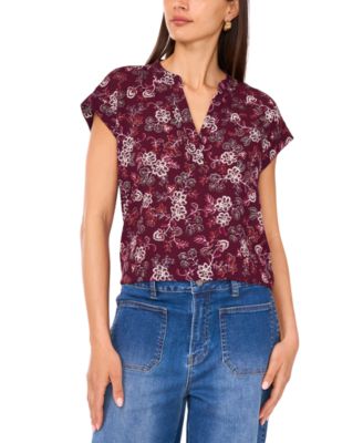 Vince Camuto Women's Floral-Print Split-Neck Short-Sleeve