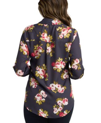 Juniors' 3/4-Sleeve Printed Button-Front Blouse 