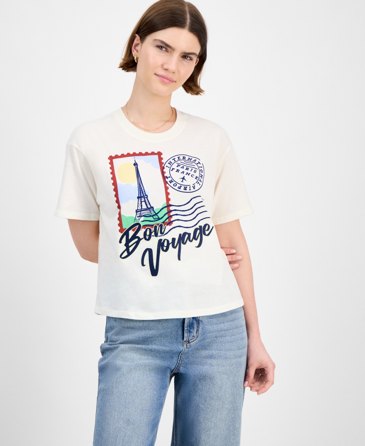Rebellious One Juniors' Cropped Bon Voyage T-shirt In White