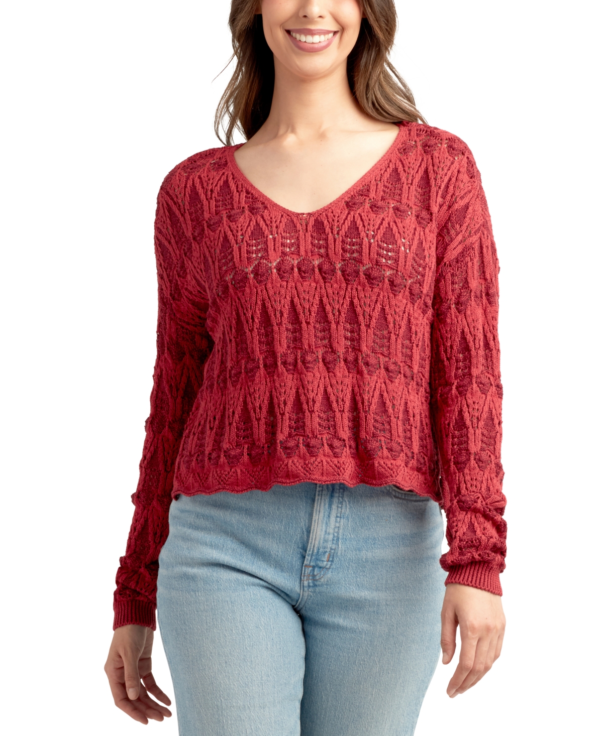 Juniors' Pullover V-Neck Pointelle Sweater - Cranberry
