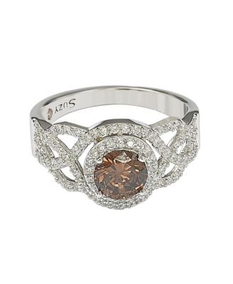 Suzy Levian Sterling Silver Cubic Zirconia Braided Halo Brown Bridal Center Stone Ring