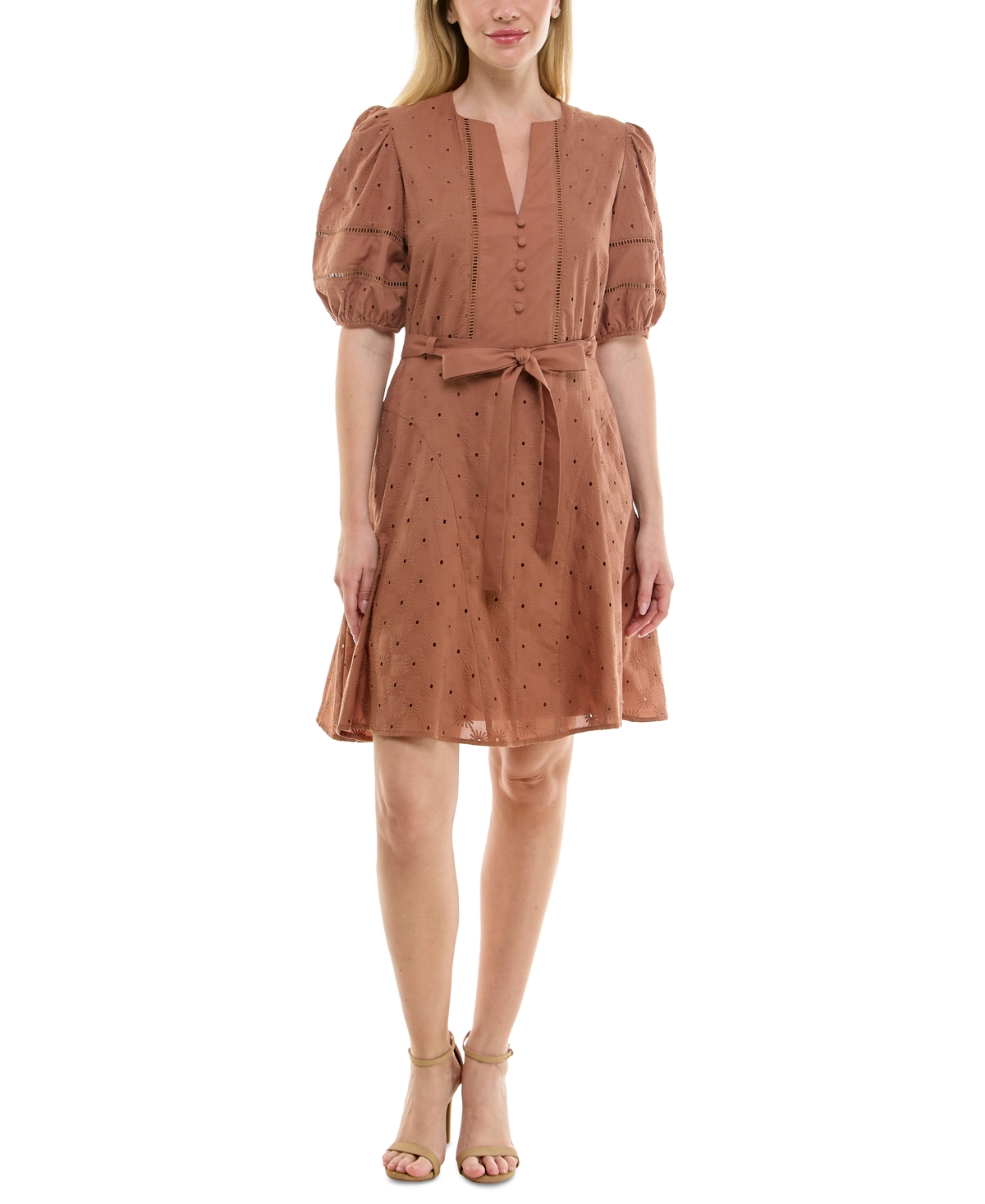 Women's Cotton Eyelet Puff-Sleeve Fit & Flare Dress - Bronze
