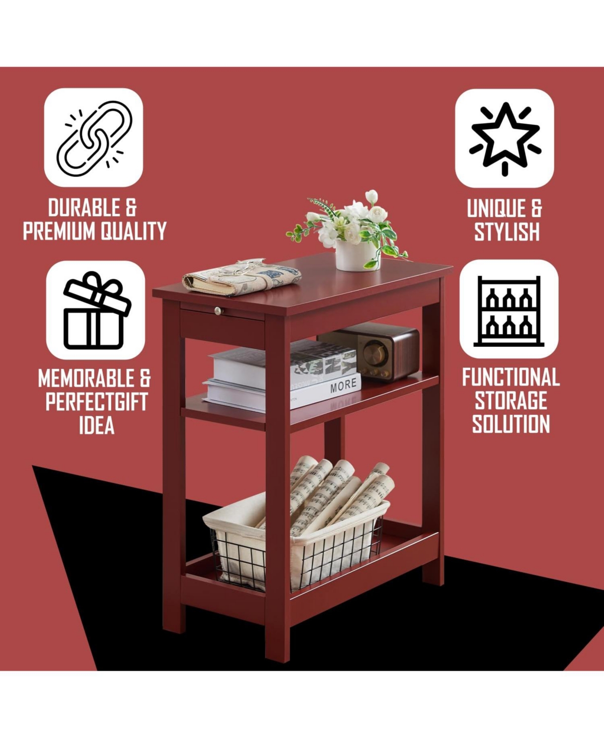 Kings Brand Furniture Slim Wood Side End Table with Storage Shelves & Pull-Out Tray, Nightstand for Bedroom, Living Room