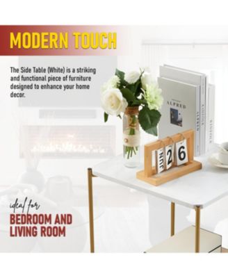 Side End Table with Faux Marble Storage Shelves & Gold Metal Frame, Nightstand for Bedroom, Living Room, or Modern Accent Table