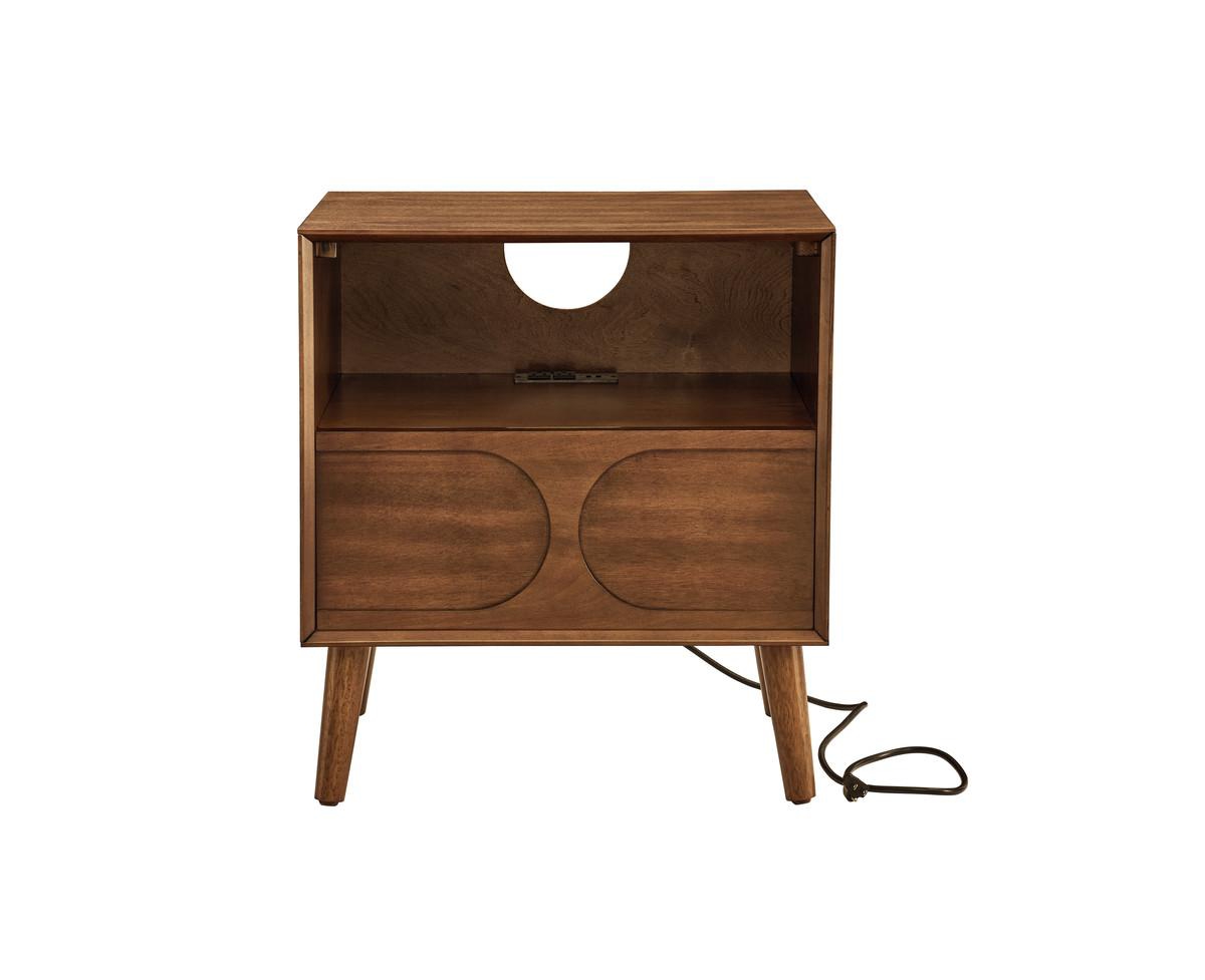Small Cabinet with Usb Charging Ports & Outlet Hole & 4 Solid Wood Legs - Walnut