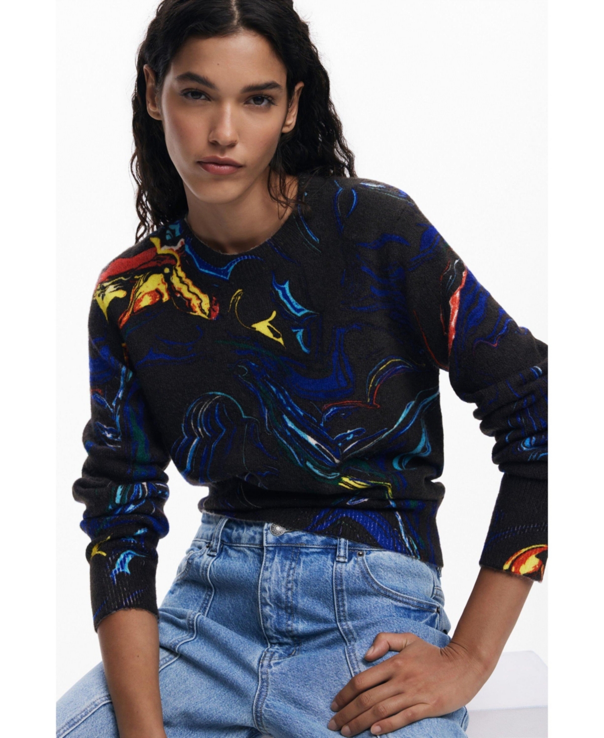 Desigual Paint Swirl Print Sweater In Black