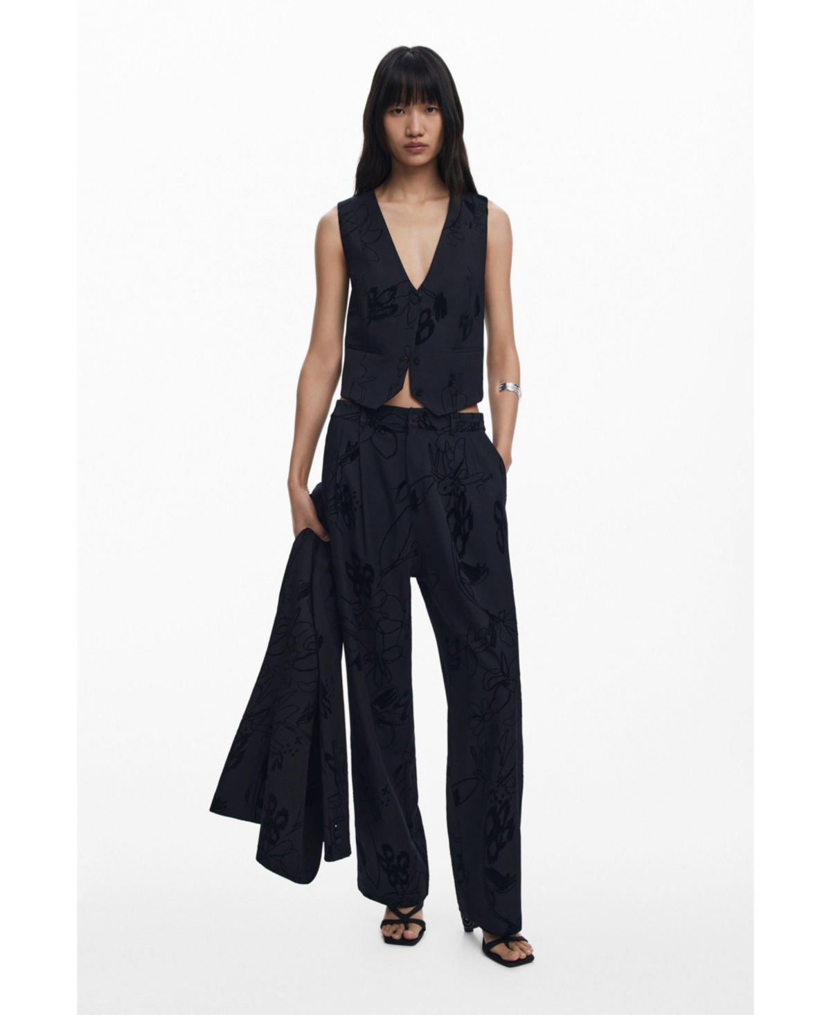 Desigual Pleated Wide Leg Pants In Black