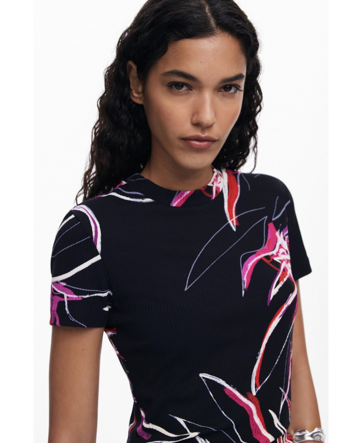 Desigual Floral Rib T-shirt In Multi