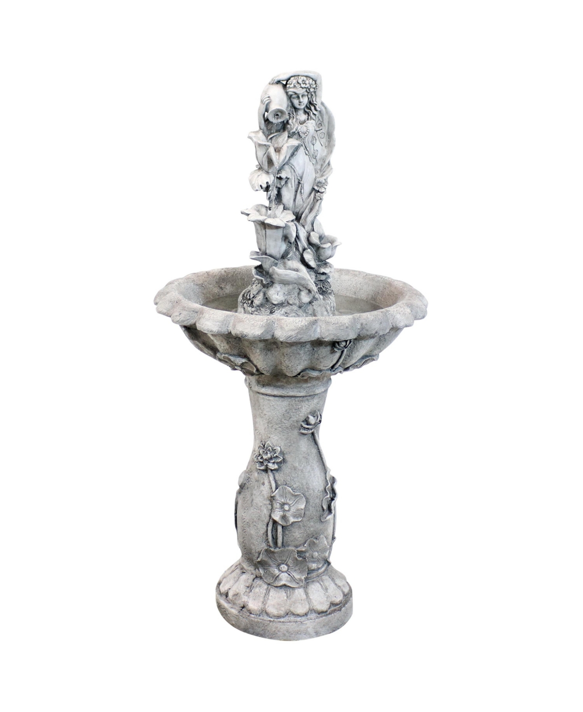 Outdoor Polyresin Fairy Flower Solar Powered Water Fountain Feature with Battery Backup - 42&#x22; - Light grey