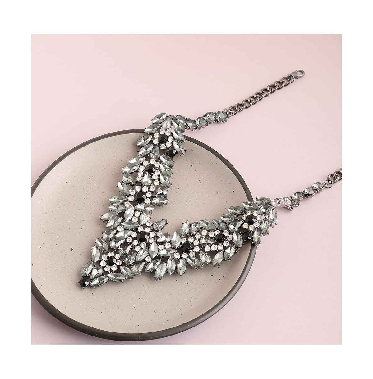 Sohi Women's Black Foliage Crystal Statement Necklace In Silver