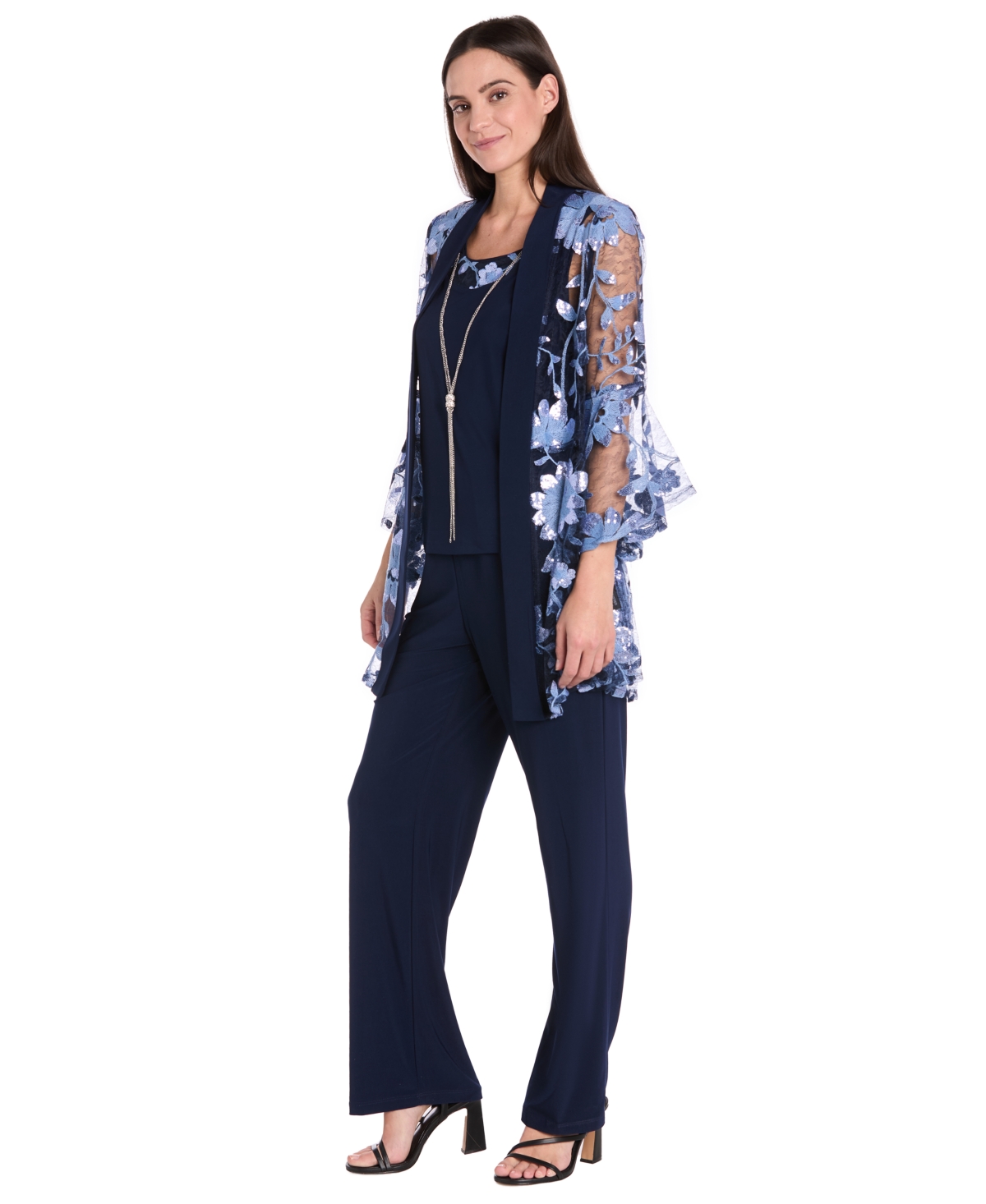 R & M Richards Petite Floral Jacket, Tank Top & Pants Set In Blue