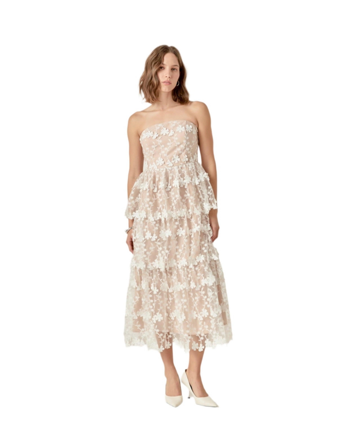 Women's Strapless Crochet Layered Midi Dress - White