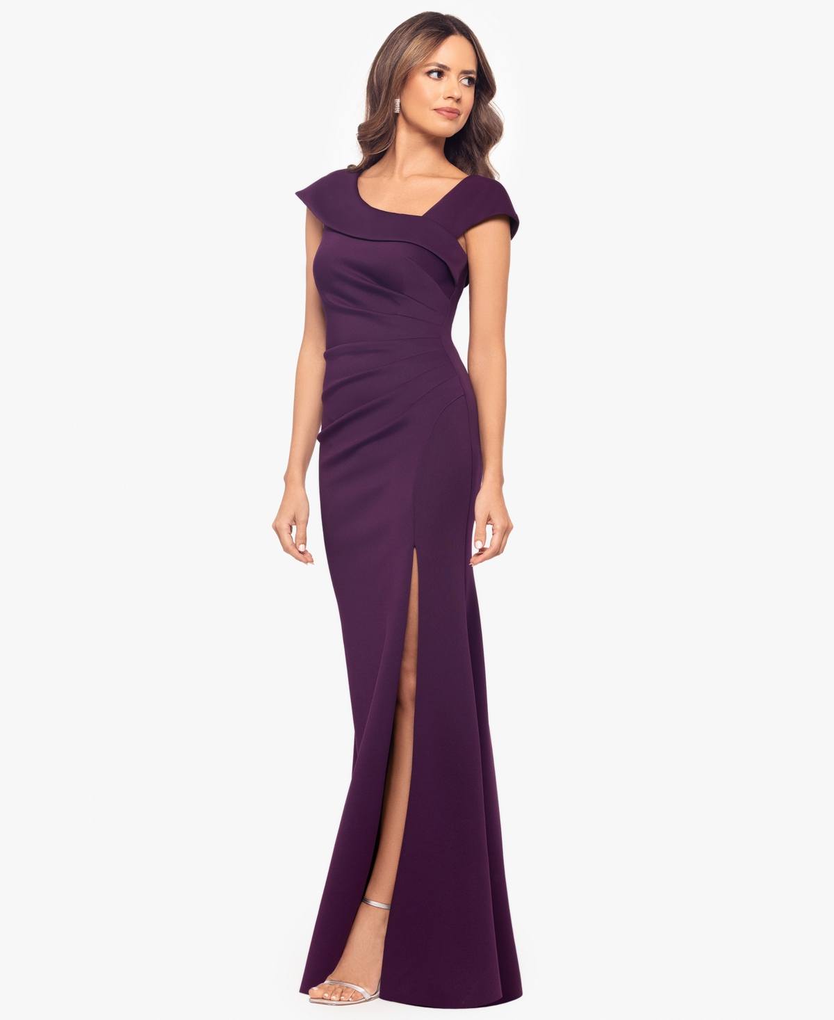 Xscape Petite Asymmetric Front Slit Evening Gown In Purple
