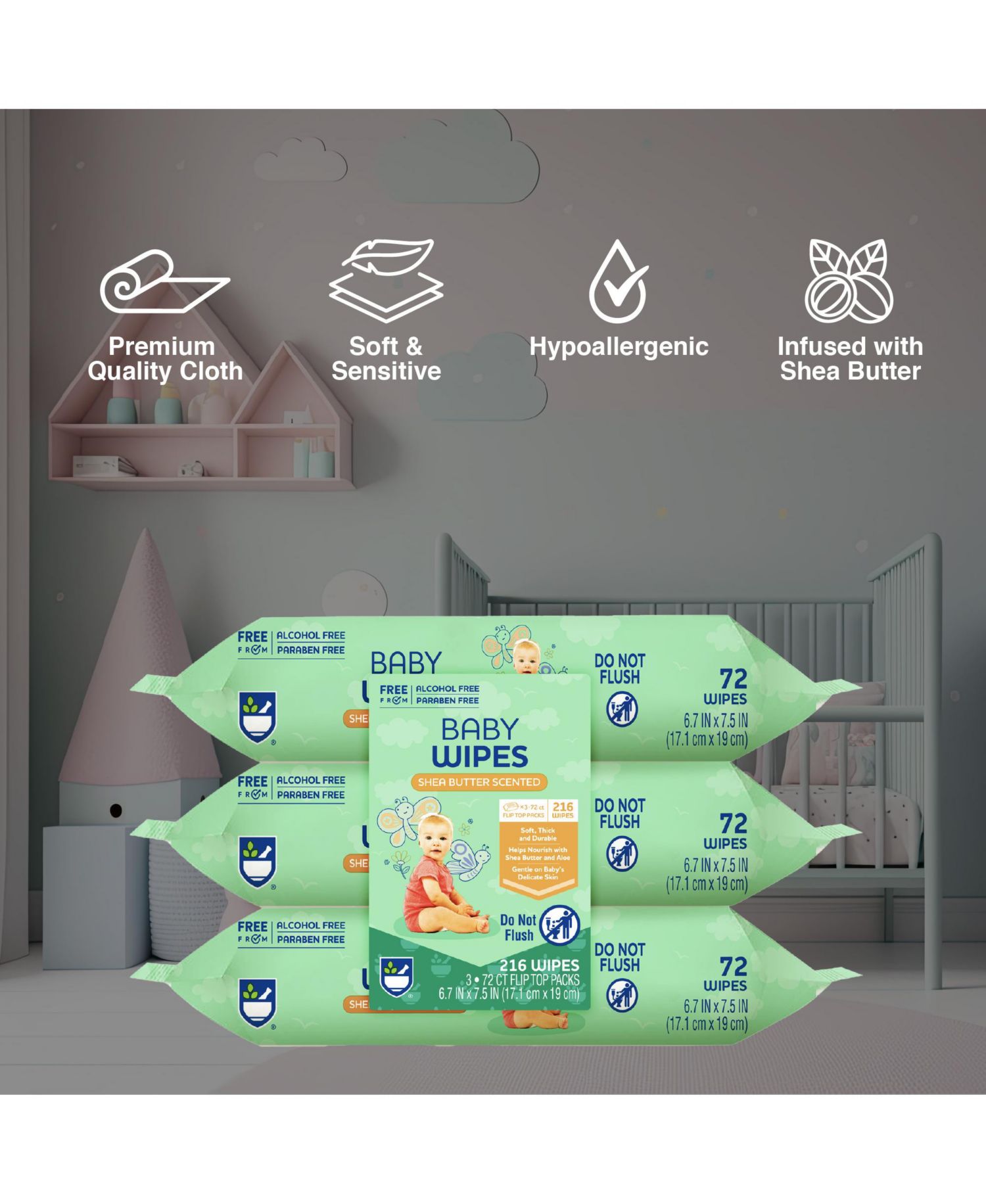 Baby Wipes Aloe Vera & Shea Butter Infused | 99% Water-Based | Resealable Pack for Sensitive Skin