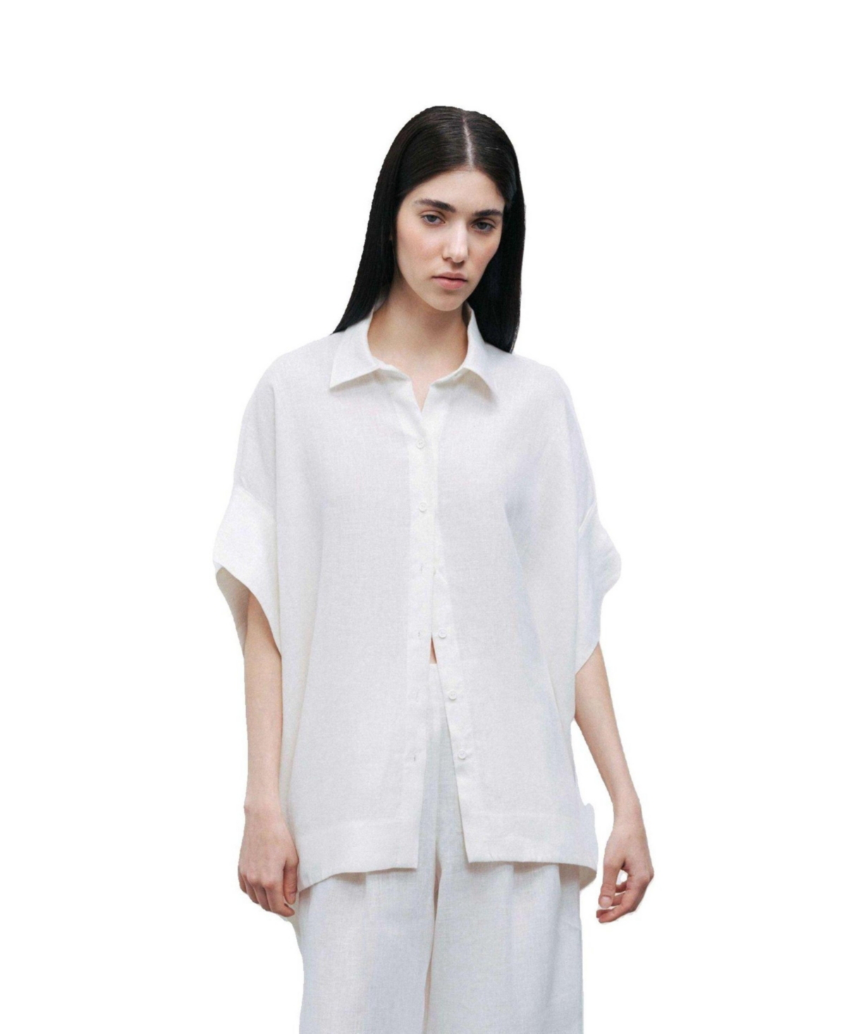 Women's Ecru Linen Flowy Linen Shirt - Open white