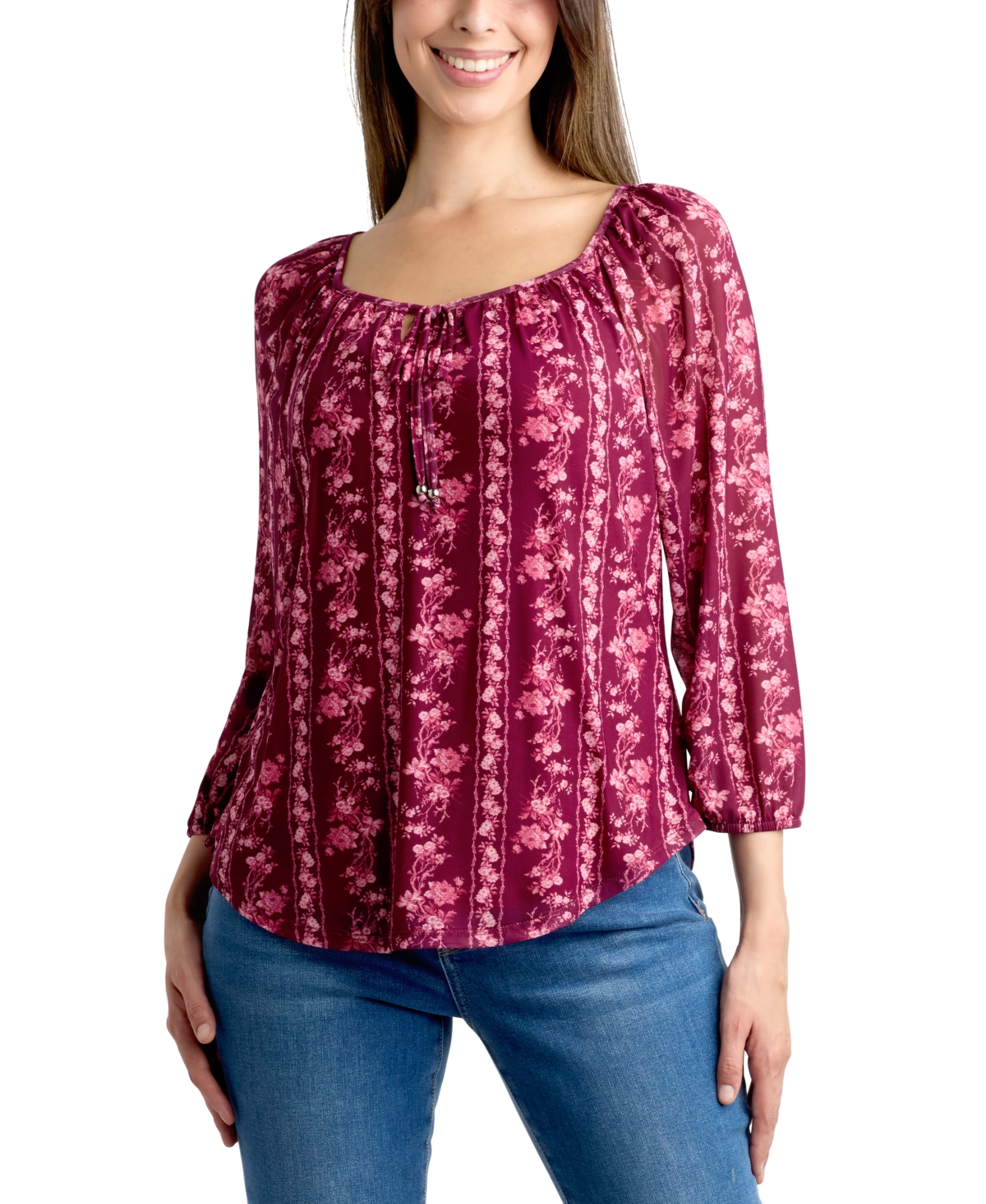 Bcx Juniors' 3/4-sleeve Printed Mesh Peasant Top