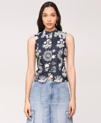 Avec Les Filles - Women's Soutache Denim Button-Front Vest