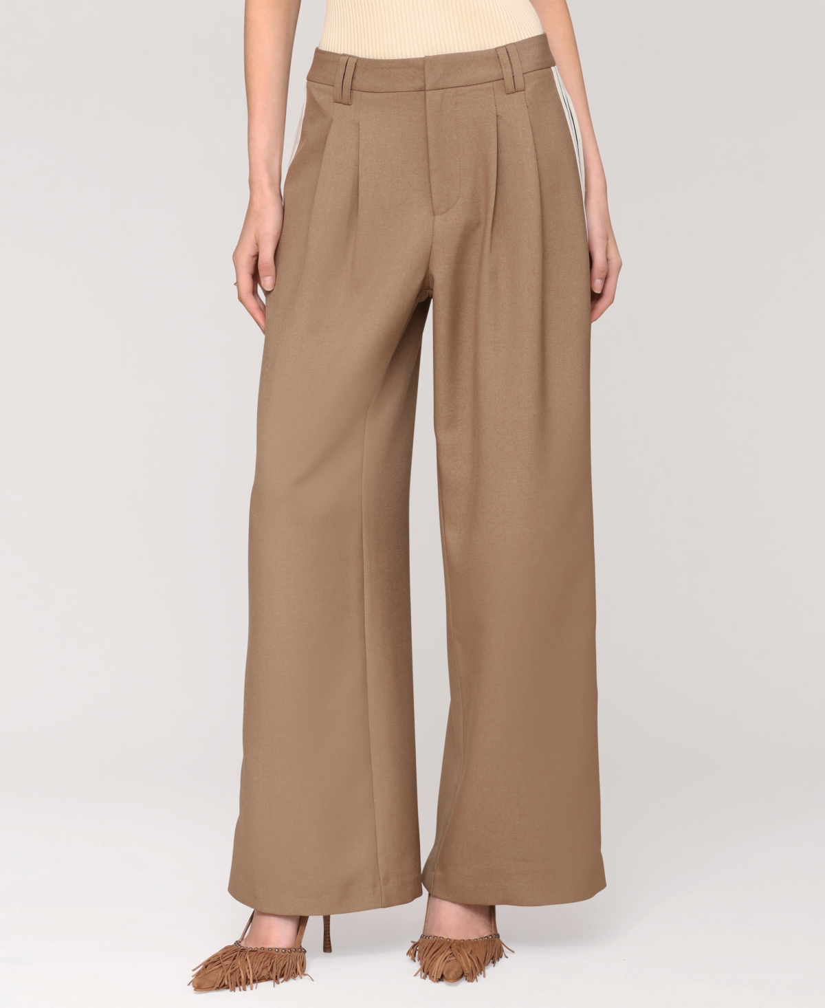Women's High Rise Side-Stripe Pleat-Front Pants - Tan