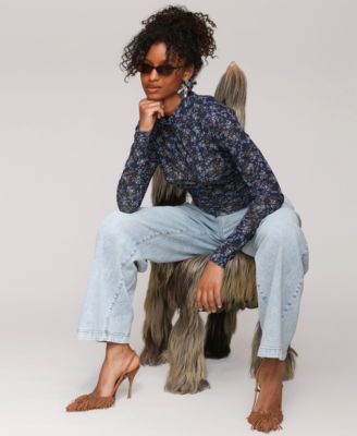 Women's Printed Mesh Mock Neck Ruched Top