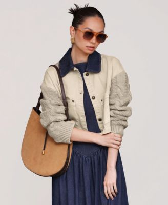 Women's Sweater-Sleeve Rinse Wash Denim Chore Jacket