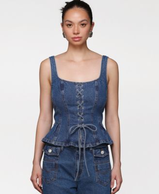Avec Les Filles - Women's Denim Lace-Up Peplum Top