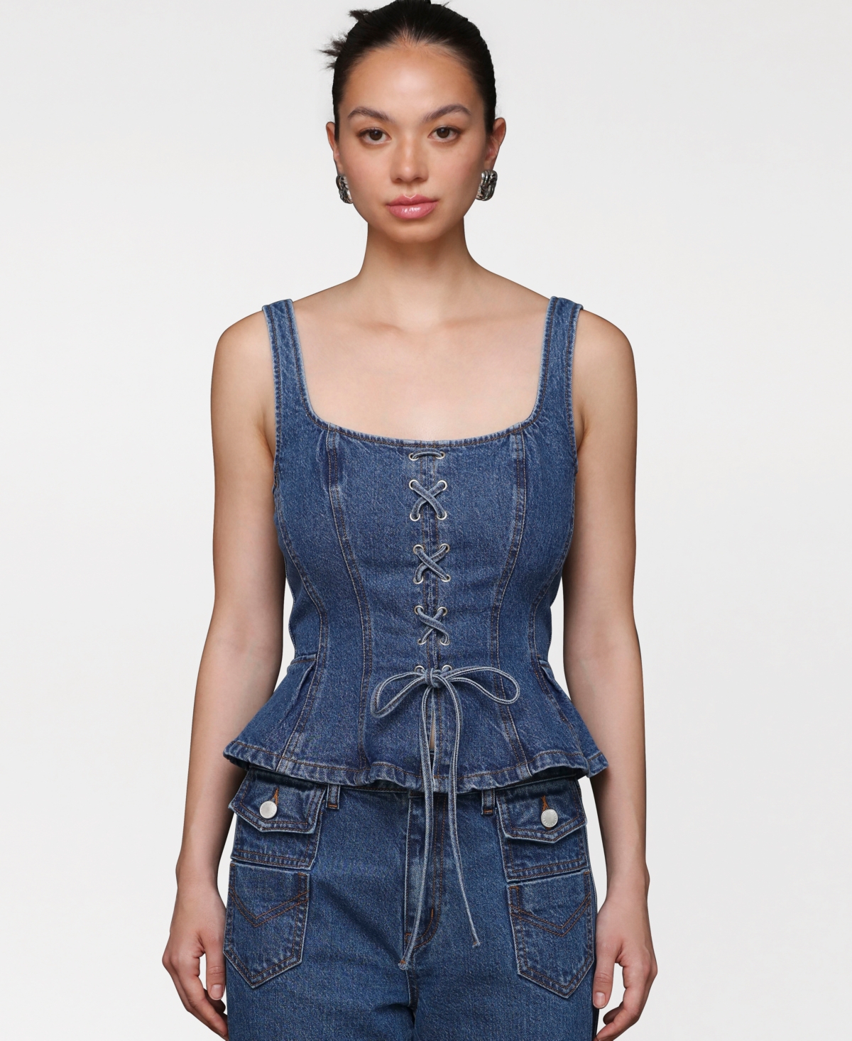 Women's Denim Lace-Up Peplum Top - Falabella Wash