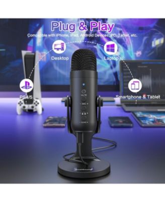 USB Condenser Microphone, Plug & Play Gaming Mic w/ Headphone Output, Gain Control, Mute for YouTube, Podcast, PS4/PS5, Mac, Windows
