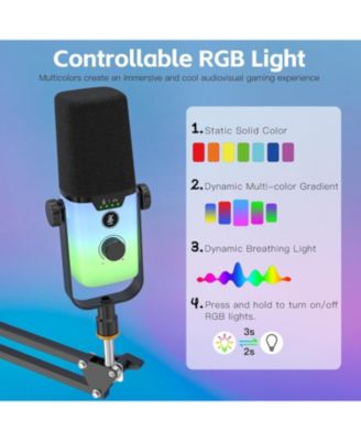 USB Gaming Microphone PC Mic w/ RGB for Streaming, Podcast, Vocal Recording, ASMR, Noise Cancellation, Mute Button, Gain Knob, Desktop Arm