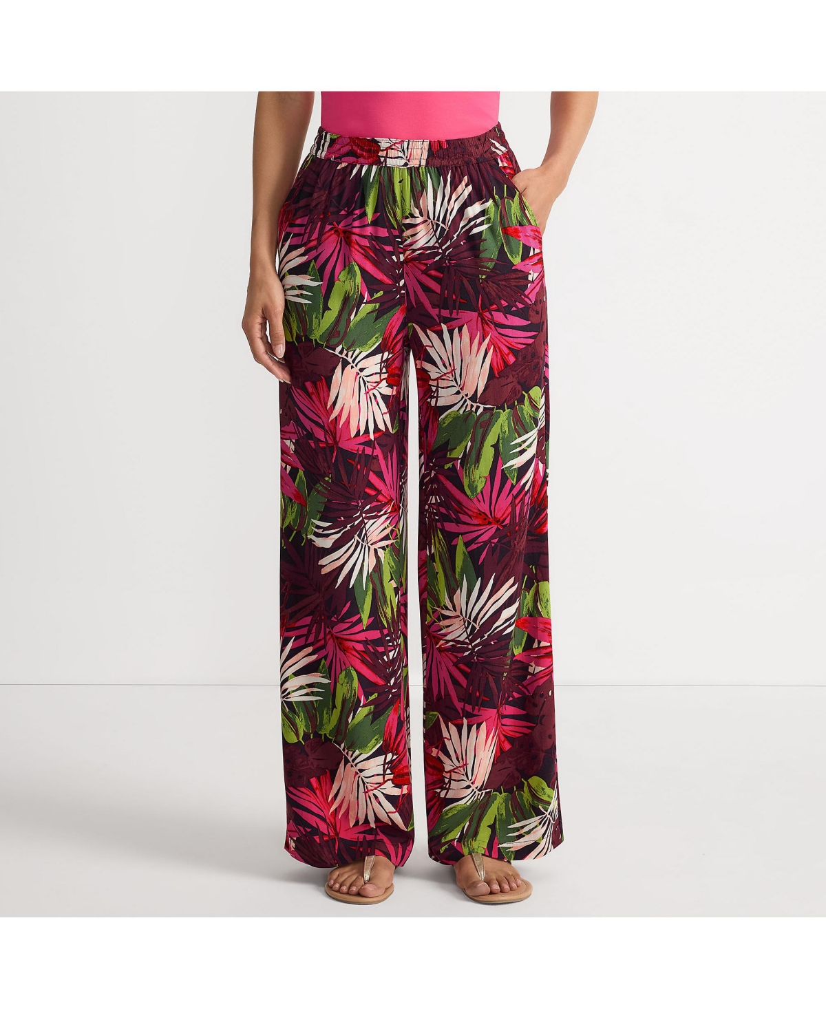 Women's Rayon High Rise Wide Leg Pants - Set Bottom - Rich burgundy tropical palm