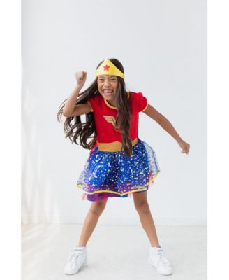 Wonder Woman Girls Cosplay Tulle Costume Dress Cape and Headband  Infant to Big Kid