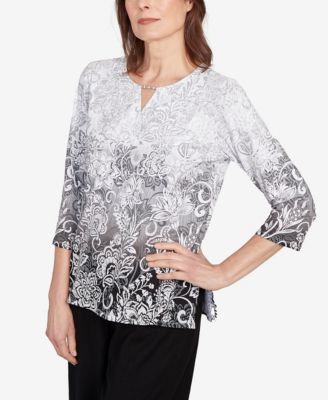 Women's Ombre Scroll Split Beaded Neck Top