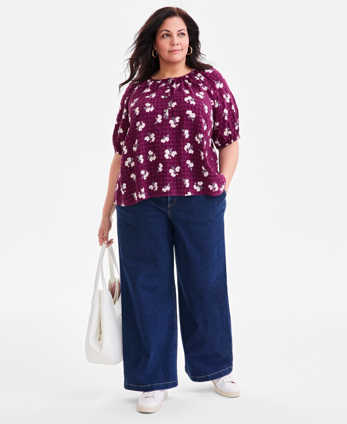 Style & Co Plus Size Floral-print Puff-sleeve Top In Red