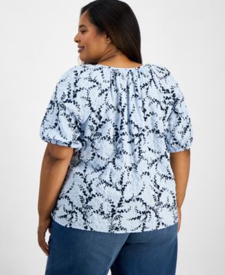 Plus Size Printed Puff-Sleeve Top, Exclusively at Macy's