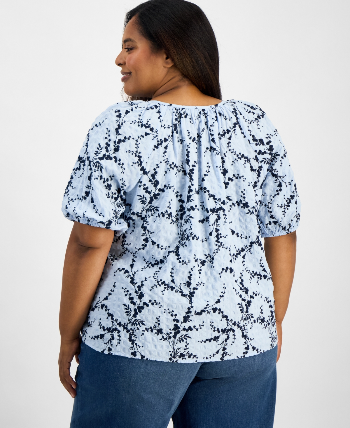 Style & Co Plus Size Printed Puff-sleeve Top, Exclusively At Macy's In Blue