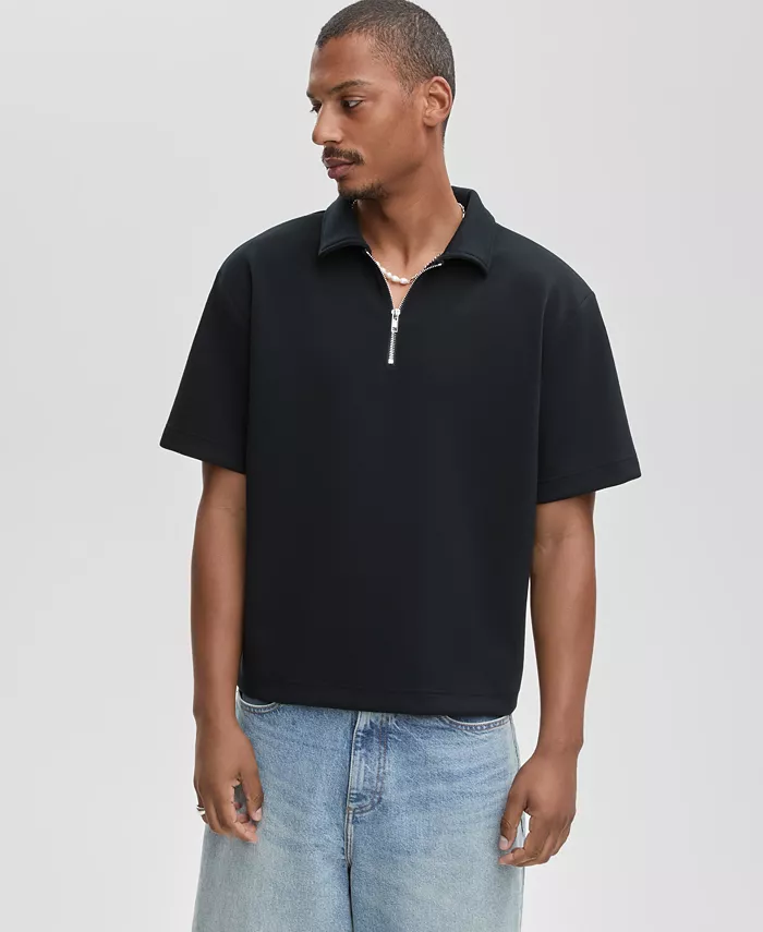 Men's Relaxed-Fit Heathered Quarter-Zip Scuba Polo Shirt