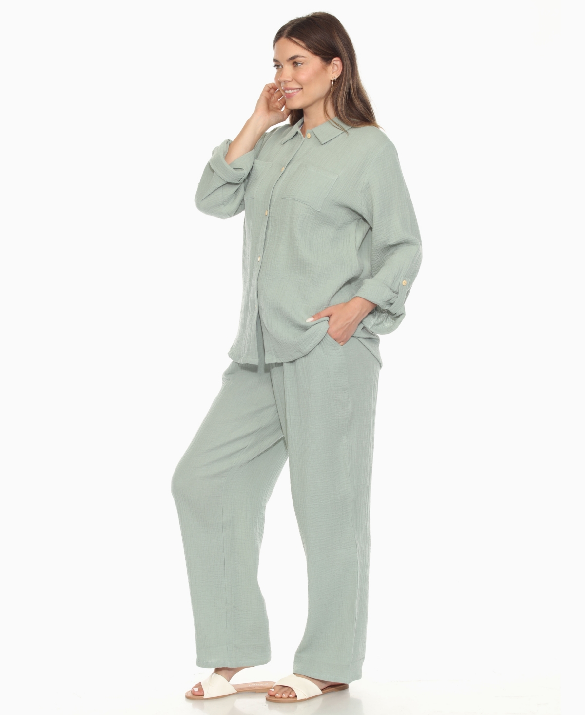 White Mark Women's Long Sleeve Button Down Cotton Gauze Set In Green