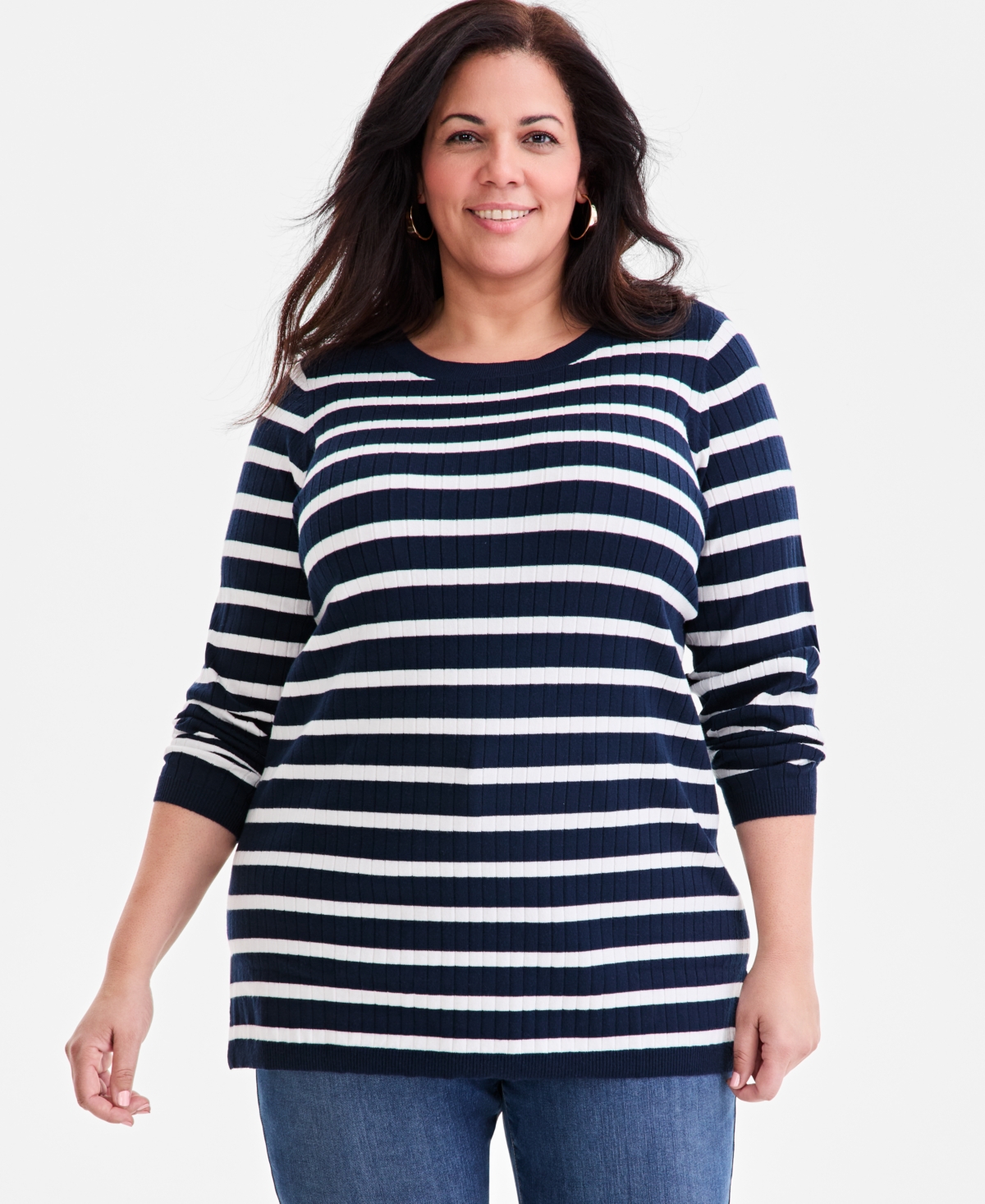 Style & Co Plus Size Legacy Strip Long-sleeve Sweater, Macy's Exclusive In Blue