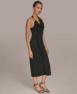 【Donna Karan New York】Belted Asymmetric-Hem Dress Donna Karan New York Women's Jersey Asymmetrical Cowl-neck