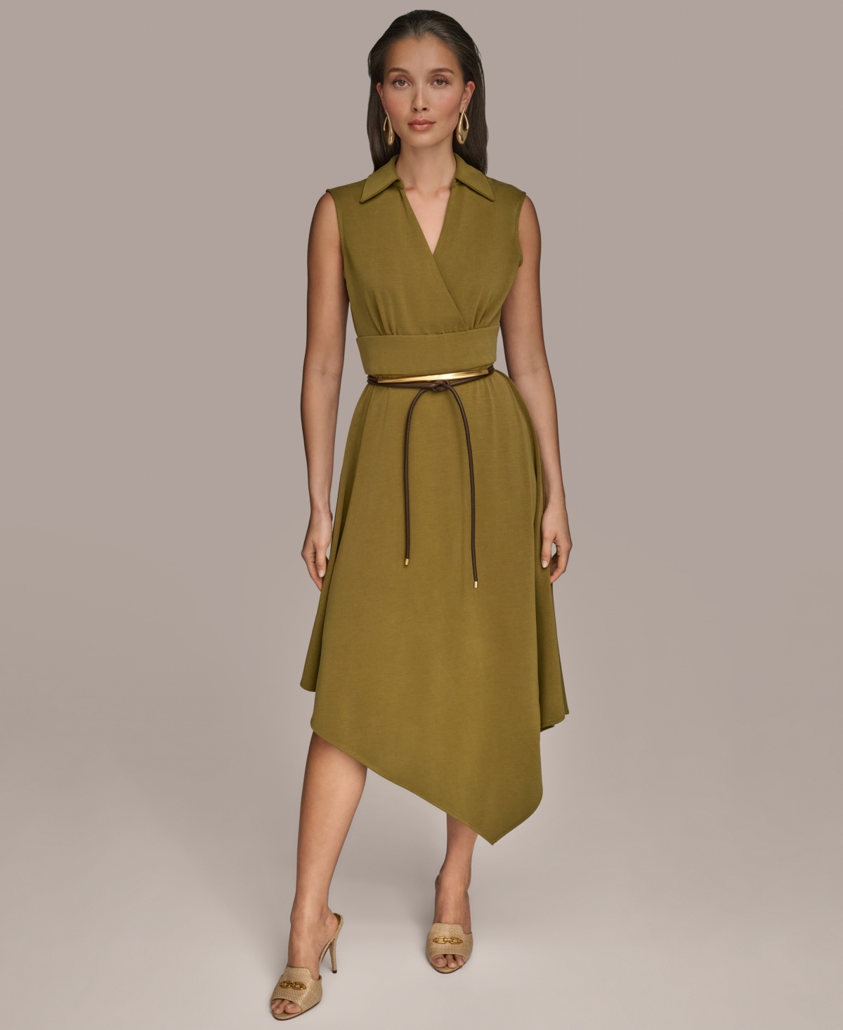 Women's Surplice Belted High-Low A-Line Dress - Smokey Olive