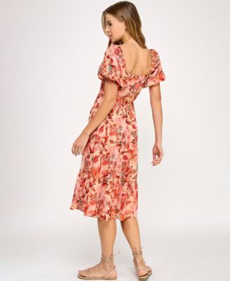 Juniors' Printed Lace-Up Front Midi Dress