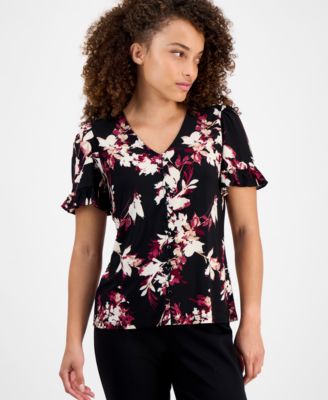 AK Anne Klein - Petite Ruffled-Sleeve Floral-Print Blouse