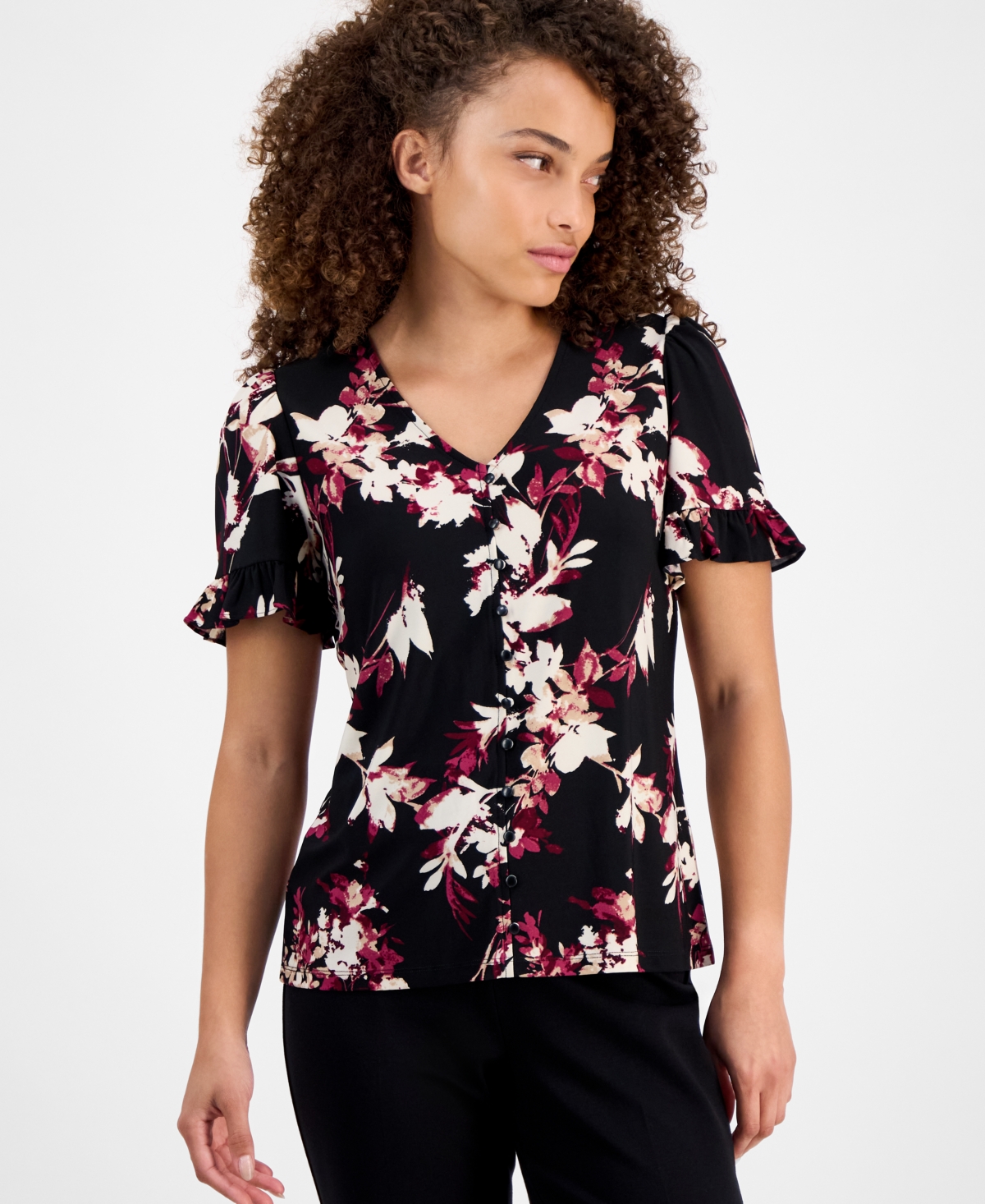 Petite Ruffled-Sleeve Floral-Print Blouse - Anne Black/Chianti Multi