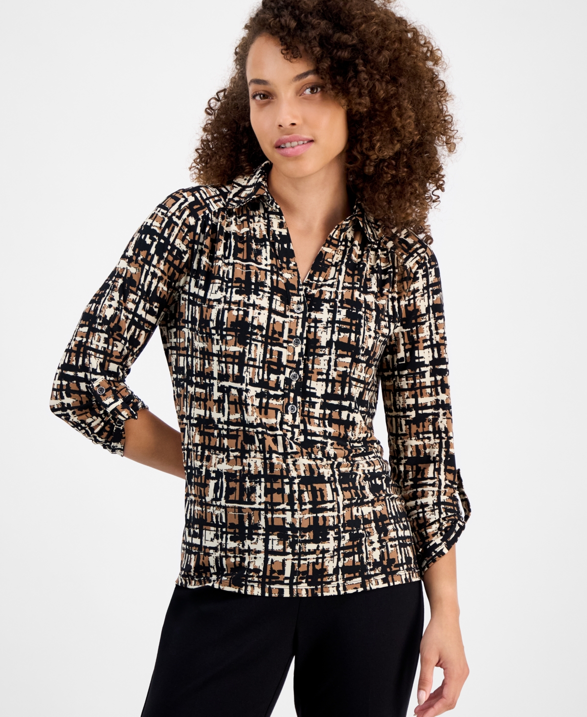 Petite Printed 3/4-Sleeve Roll-Tab Collared Top - Anne Black/Vicuna Multi