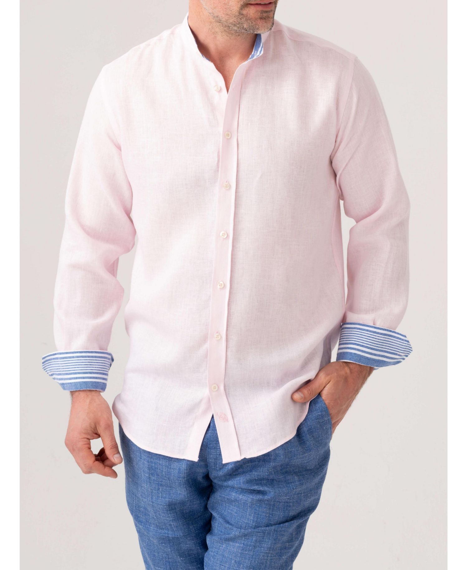 Men's Linen Band Collar Shirt