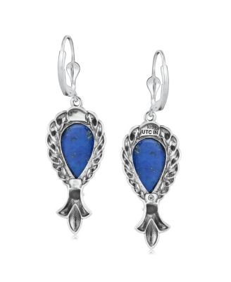 Sterling Denim Lapis Pear Gemstone Squash Blossom Lever Back Earrings