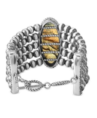 Sterling Silver Oval Picture Jasper Oval Cut Beaded Toggle Bracelet, Size, Size Large